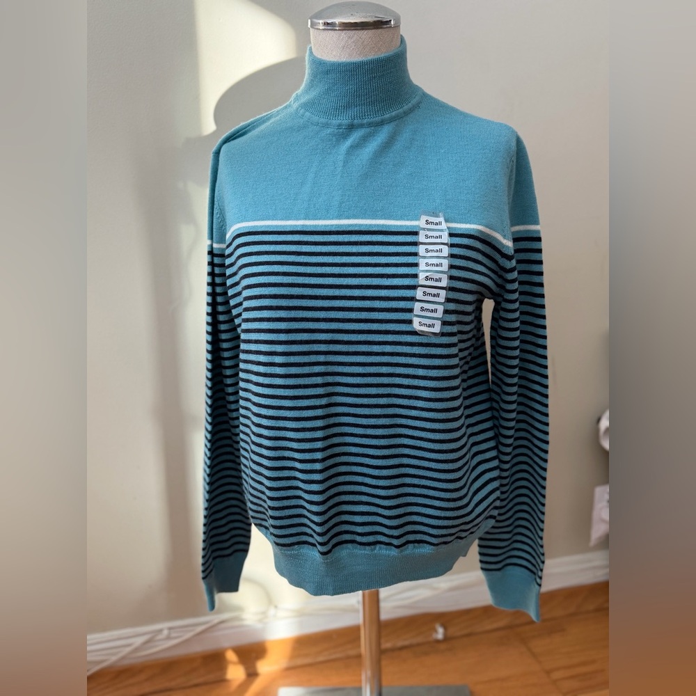 Charter Club Teal and Black Striped Turtleneck Wool Sweater S NWT FLAW Preppy